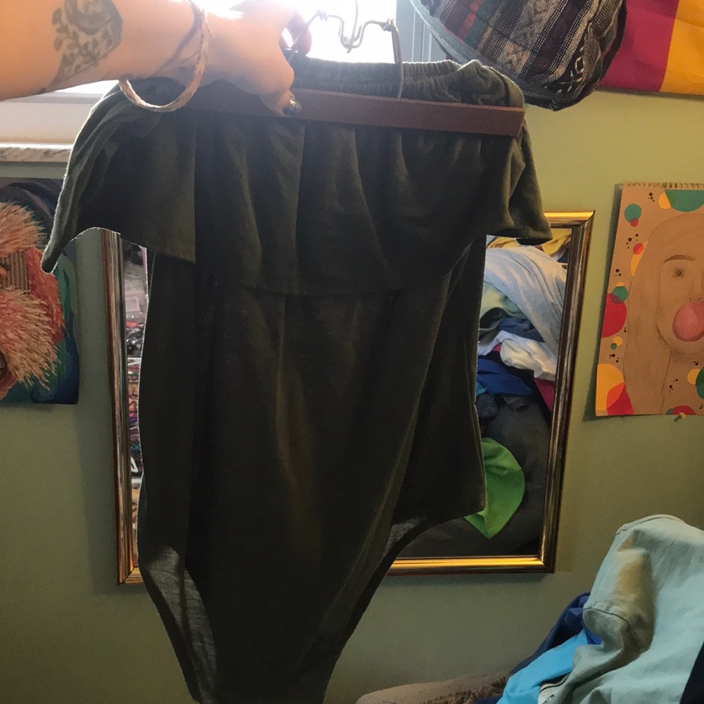 Green off the shoulder unitard